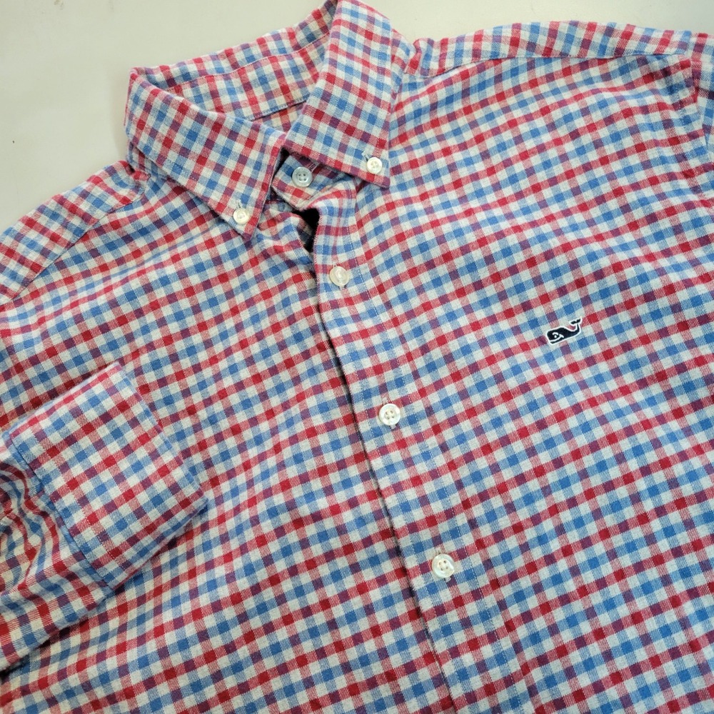 Vineyard Vines Mens M Red White Blue Flannel Gingham‎ Button Down Cotton Shirt